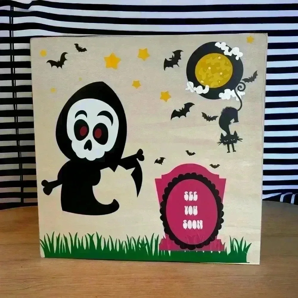 Handmade Halloween Wooden Sign Featuring Grim Reaper, Tombstone, Moon, a…